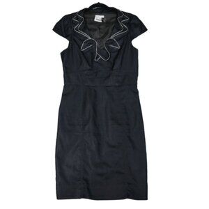 London Times Elegant Dark Denim Chambray Sheath Dress with Ruffle Zipper Detail